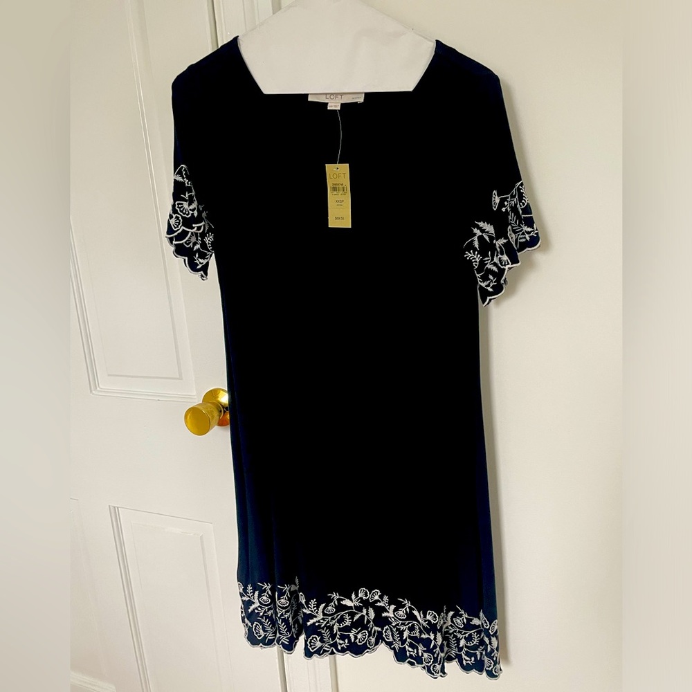 LOFT Black Swing Dress with White Embroidery